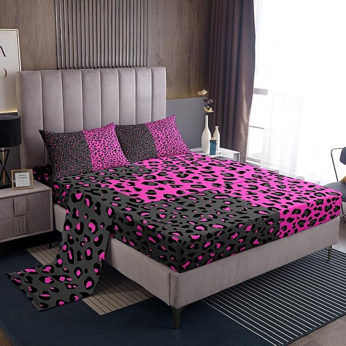 Manfei Leopard Print Sheet Set Queen Size Cheetah Bed Sheet Set 4pcs with Deep Pocket Fitted Sheet + Flat Sheet + 2 Pillowcases Black and Purple Animals Soft Bedding Set for Kids Teens Boys Girls