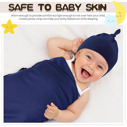 JaGely 2 Pcs Stretchy Baby Swaddle Blankets Set Extra Soft 47" x 47" Baby Newborn Swaddle Blanket and Hat(Navy Blue, Claybank)