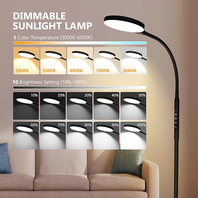 Daylight Floor & Desk Lamp – 11,000 Lux UV-Free Full Spectrum Light, 5 Color Temperatures & 10 Brightness Levels, 360° Gooseneck Lamp for Home Office, Bedroom & Reading (Black)