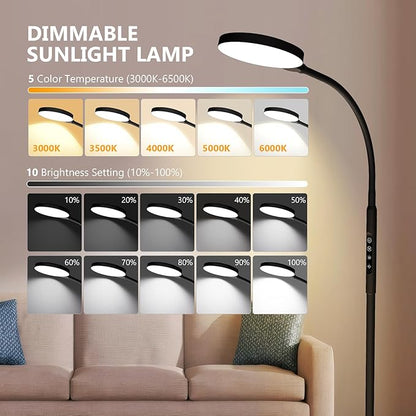 Daylight Floor & Desk Lamp – 11,000 Lux UV-Free Full Spectrum Light, 5 Color Temperatures & 10 Brightness Levels, 360° Gooseneck Lamp for Home Office, Bedroom & Reading (Black)