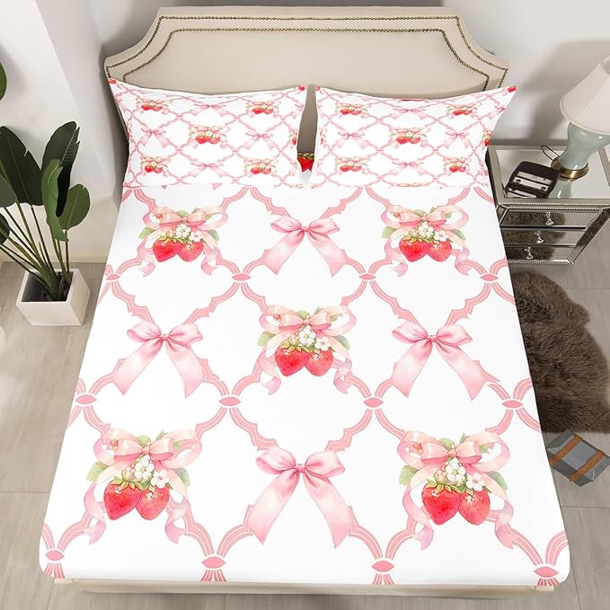 Strawberry Bow Fitted Sheet,Full Size Fairy Princess Bowknot Crossed Grids Patchwork Collections,Sweet Tropical Fruits Dreamy Pink White Bedding Deep Pocket for Girls with 2 Pillowcases