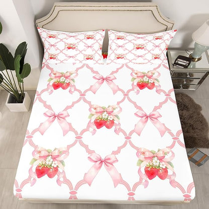 Strawberry Bow Fitted Sheet,Full Size Fairy Princess Bowknot Crossed Grids Patchwork Collections,Sweet Tropical Fruits Dreamy Pink White Bedding Deep Pocket for Girls with 2 Pillowcases