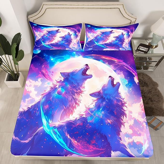 Wolf Kids Fitted Sheet Full Size,Moon Night Starry Sky Bedding Set,Boys Girls Room Decor,Wildlife Rustic Animal Hunting Adventure Bed Cover,Blue Purple Bed Sheet,2 Pillowcases
