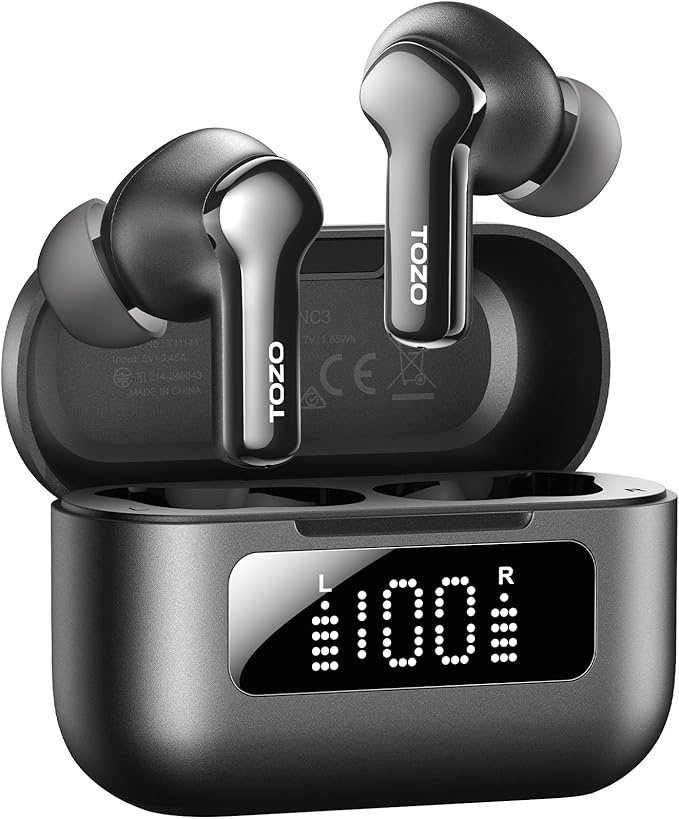 TOZO Hybrid Active Noise Cancelling Wireless Earbuds with 6 Mics AI Clear Call Ear Buds 68H Playtime with LED Display 32 Preset EQs via APP Bluetooth 5.3 IPX8 Waterproof in Ear Headphones