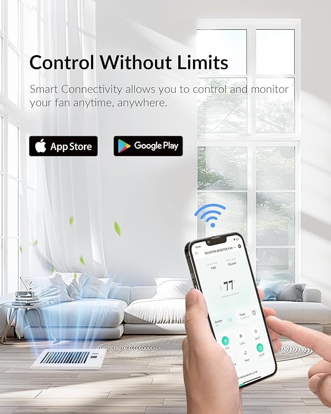 Super Quiet Register Booster Fan for 6" x 10" Register Holes, Smart Register Vent with Dual Intelligent Thermostat and WIFI App Control, Heating Cooling AC Vent Fan (White)