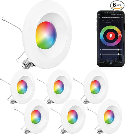 INFIBRITE 5 and 6 Inch WiFi Smart 12W 1100LM Thin Recessed Retrofit LED Sleek Series Light Kit (Includes E26 Connector) Compatible with Alexa and Google, Wet Rated (6 Pack)