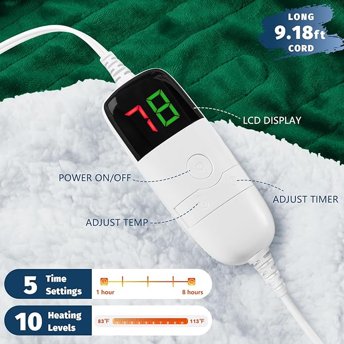 BOMOVA Heated Electric Blanket Twin - 62" x 84" Heating Blanket with 10 Heating Levels & 8 Hours Auto Off, Warm Flannel Blanket, Christmas Birthday Gifts for Women