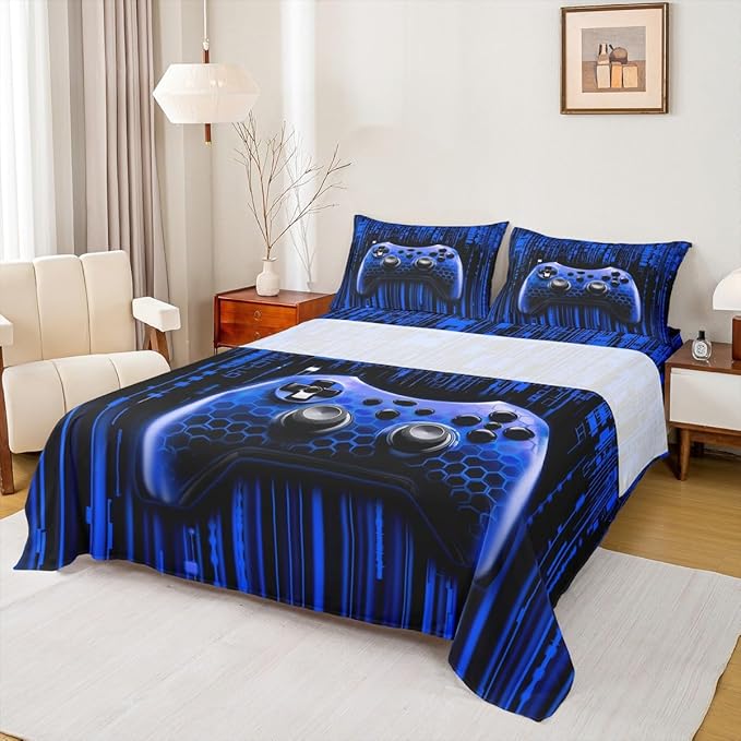 Manfei Gamer Gamepad Kids Sheet Full Size,Video Gaming Gamepad Controller Bedding Set,Boys Girls Room Decor,Neon Lights Geometric Fashion Dark Blue Bed Sheet Set 4pcs(Fitted + Flat + 2 Pillowcases)