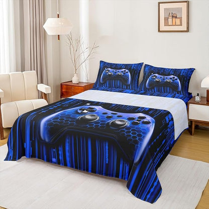 Manfei Gamer Gamepad Kids Sheet Full Size,Video Gaming Gamepad Controller Bedding Set,Boys Girls Room Decor,Neon Lights Geometric Fashion Dark Blue Bed Sheet Set 4pcs(Fitted + Flat + 2 Pillowcases)