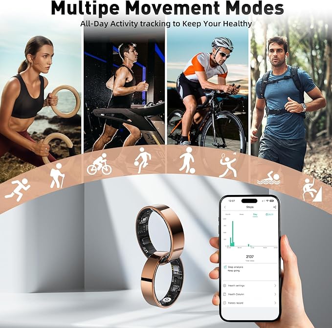 Smart Ring with Sleep Monitoring, Step Counting, Heart Rate, Blood Oxygen for iPhone and Android, No Subscription Fee, IP68 Waterproof Health Tracker (Silver, 7)