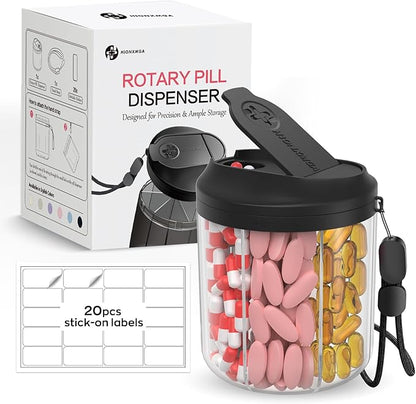 Pill Bottle Organizer with 7 Large Compartments, Pill Dispenser for Travel, Supplement Organizer with Anti-Mixing Design, BPA-Free Pill Container with 20 Pcs Labels, Black