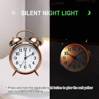 Loud Alarm Clock for Heavy Sleepers Adults, Metal 4 Inches Twin Bell Battery Operated Alarm Clocks for Bedrooms Decoration, Silent Non-Ticking, Back-to-School Gift (Red Brown)