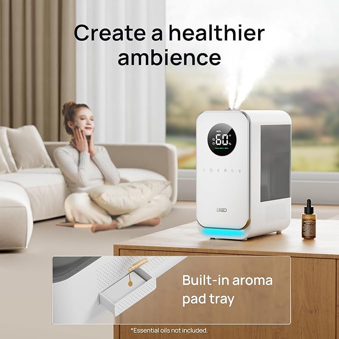 DREO Humidifiers for Bedroom, Top-filled Smart Quiet Cool Mist Humidifiers for Large Room Home, Oil Diffuser & Nightlight, 50Hours Runtime for Indoor Plants, with Alexa/Google, Grey