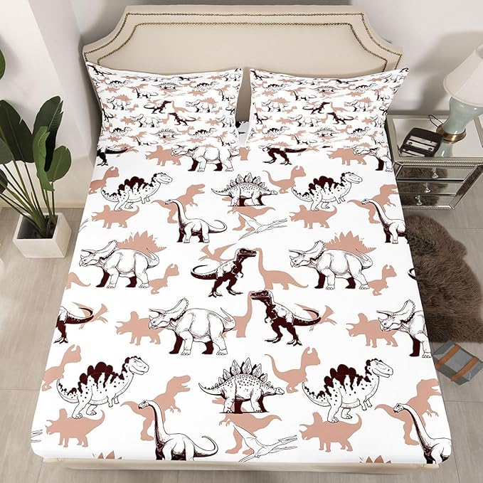 Dinosaur Kids Full Size Fitted Sheet,Sketch Cartoon Animal Boys Girls Bed Sheets,Dino Modern Fashion Room Decor,Brown White Bedding Set,2 Pillowcases(No Flat)