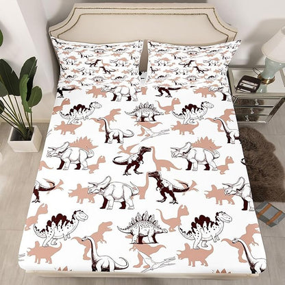 Dinosaur Kids Full Size Fitted Sheet,Sketch Cartoon Animal Boys Girls Bed Sheets,Dino Modern Fashion Room Decor,Brown White Bedding Set,2 Pillowcases(No Flat)