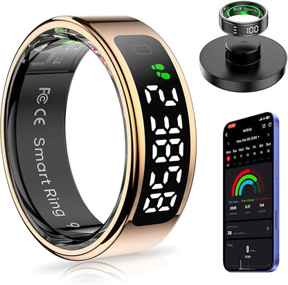 Smart Ring with Display Screen Health Tracker and Touch Button, Bluetooth Connection Health Ring Tracks/Sleep/Sports Activities, IP68 Waterproof (Gold, 11#)
