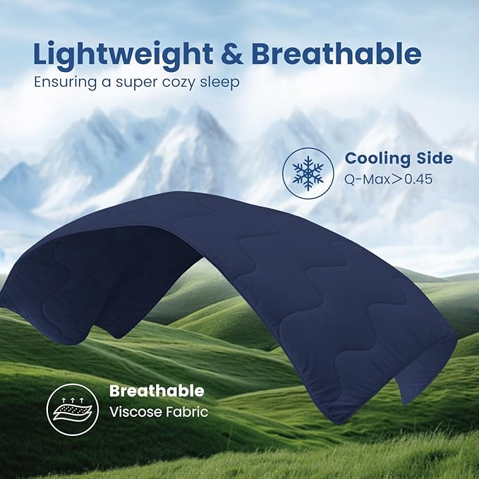 Cozy Bliss x Sorona® Viscose Natural Fiber Cooling Comforter Queen Size, Reversible Silky Smooth Cooling Blanket with Q-Max＞0.45 for Hot Sleepers & Night Sweats, Dark Blue, 90"x90"