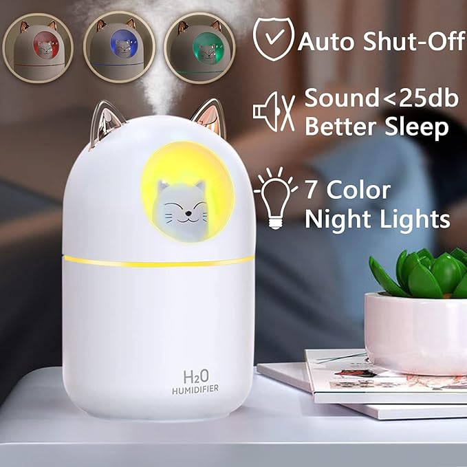 Cute Portable Cool Mist Humidifier with 7 Color Night Light and 6 Filter Cotton Sticks for Bedroom, Office, Desk, Car or Travel (White)