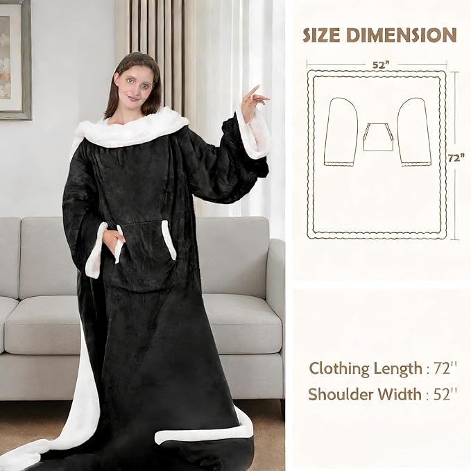 Wearable Heated Blanket with Foot Pocket, 52"x72" Electric Blanket with Sleeves for 12 Hours Timer, 6 Heat Settings, Flannel & Sherpa, Black