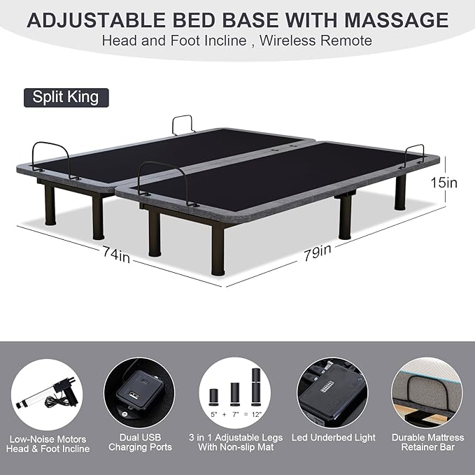 Split King Adjustable Beds with Thickened Frame, Adjustable Bed Frame with with Wireless Remote, Separate Head/Foot Lift, Massage, Zero Gravity,USB Ports, Adjustable Bed Bases with Sturdy Metal