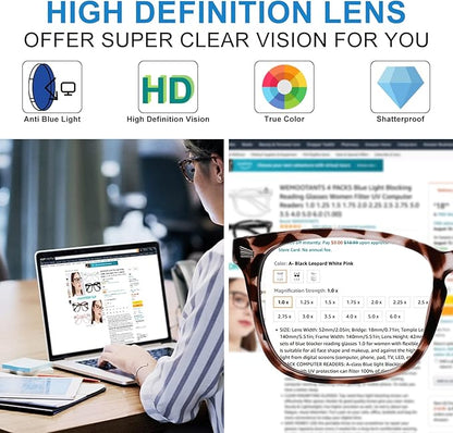 4 PACKS Blue Light Blocking Reading Glasses Women 1.0 1.25 1.5 1.75 2.0 2.25 2.5 2.75 3.0 3.5 4.0 5.0 6.0