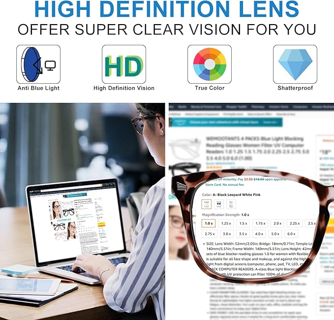 4 PACKS Blue Light Blocking Reading Glasses Women 1.0 1.25 1.5 1.75 2.0 2.25 2.5 2.75 3.0 3.5 4.0 5.0 6.0