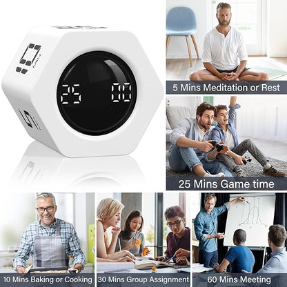 Rotating Pomodoro Timer 5, 25, 10 30,60 Mins Preset Stopwatch, Desk Flip ProductivityTimer, ADHD Tool Hexagon, Vibration/Mute/Alarm, for Work, Study, Back to School, Kitchen, White