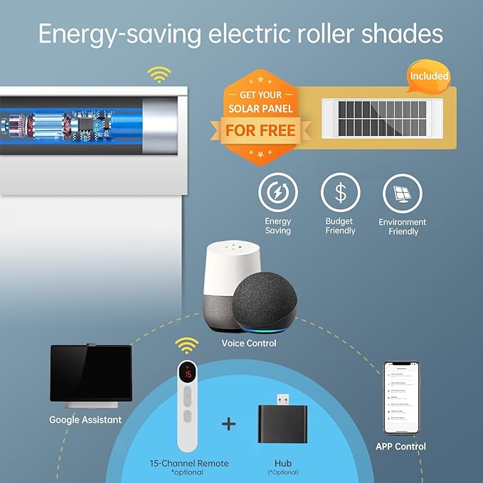 DENFOON Motorized Blinds with Remote,Thermal Electric Blinds【Solar Panel】,Customizable Automatic Roller Shades, Blackout Remote Control Blinds for Windows Upgrade to Smart Blinds, White,35" W x 72" H