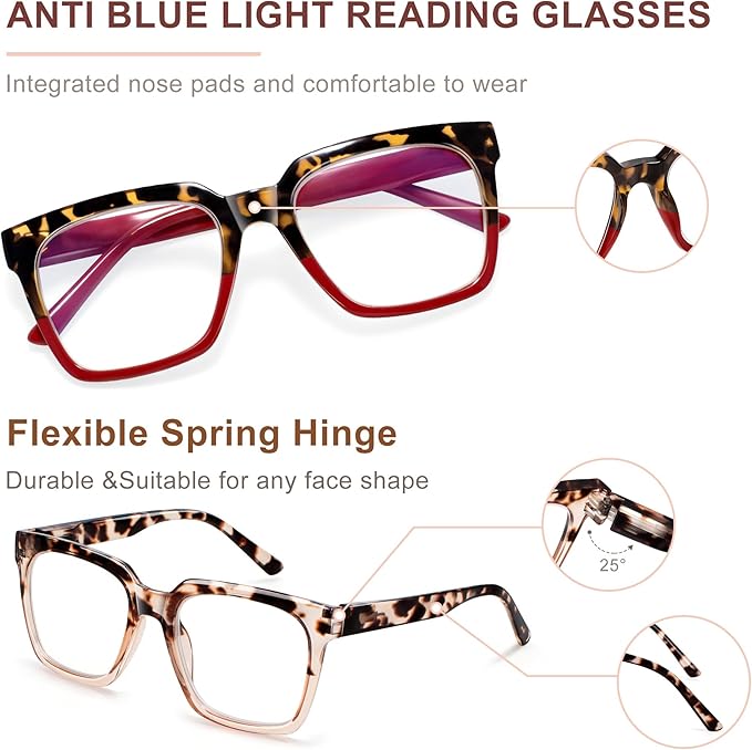 EASY READ 3 Pairs Reading Glasses for Women, Squre Computer Blue Light Blocking Anti UV Readers with Spring Hinge
