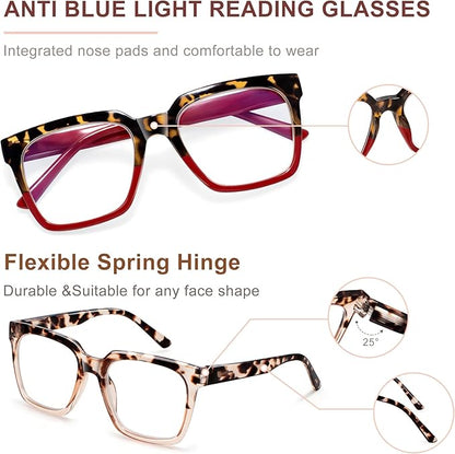 EASY READ 3 Pairs Reading Glasses for Women, Squre Computer Blue Light Blocking Anti UV Readers with Spring Hinge