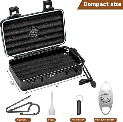 Flauno Travel Cigar Humidor Case - Portable Cigar Box kit with Humidifier Disc, Cigar Cutter, Cigar Punch, Cigar Holder & Dropper, Waterproof, Crushproof, Airtight (Holds up to 10 Cigars)