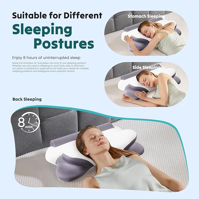 Sweetcrispy Cervical Neck Pillow - Contour Memory Foam Pillow for Neck Pain Relief with Cooling Pillowcase, Ergonomic Orthopedic Support for Side Back Stomach Sleepers, White & Grey