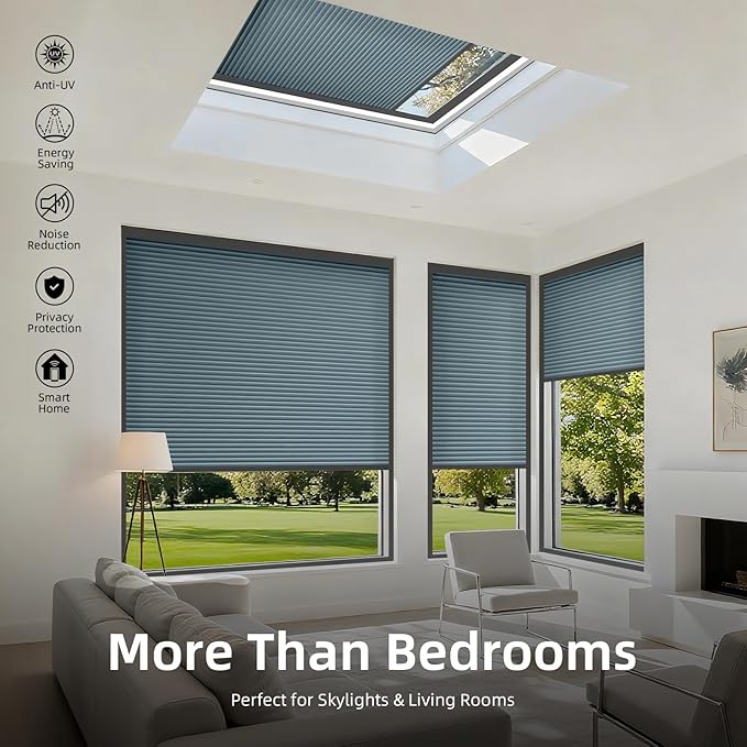 ZSTARR Motorized Skylight Shades Blackout Cellular Honeycomb Electric Blinds with Solar Panel Cordless Rechargeable with Remote for Roof and Slanted Windows Custom Size (LF Blue)