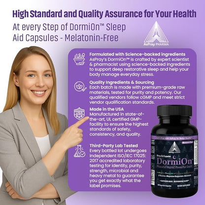 DormiOn™ Sleep + Restore Melatonin-Free Sleep Aid with Clinically-Proven Shoden® Ashwagandha, PharmaGABA®, Sleeproot® Valerian Root, L-Theanine, Mg., BioPerine® and 4 other Herbs. No grogginess.