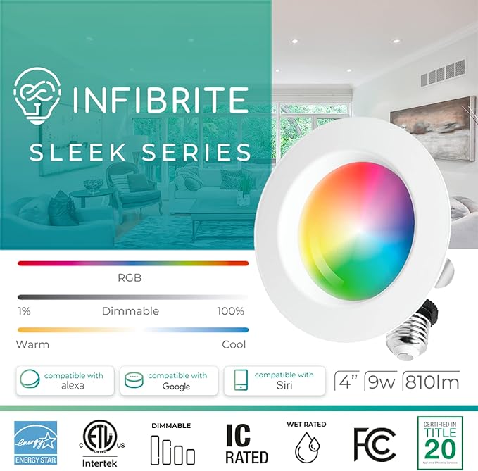 INFIBRITE 4 Inch WiFi Smart 9W 810LM Recessed Retrofit LED Sleek Series Downlight Kit (Includes E26 Connector), Compatible with Alexa and Google, Wet Rated (6 Pack)