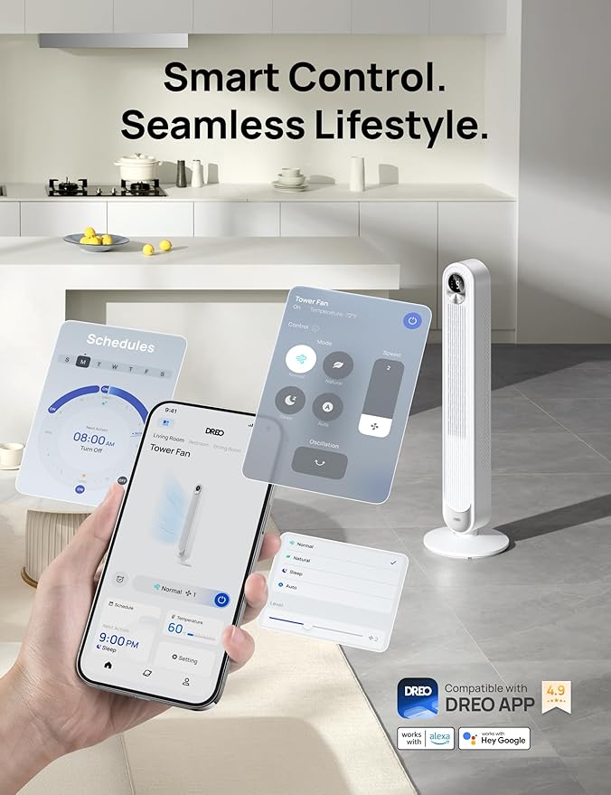 Dreo Smart Tower Fan for Bedroom, Floor Standing Bladeless Oscillating Fan with Remote, 9 Speeds, 4 Modes, 12H Timer, for Indoor Bedroom Home Office, WiFi Voice Control