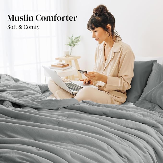 HOMBYS 100% Cotton Muslin Comforter Oversized King 120x120, Lightweight and Breathable Down Alternative Comforter,Soft Gauze Summer Light Grey Reversible Fluffy Duvet Insert