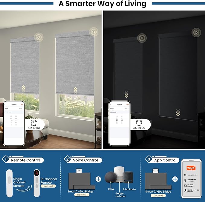 No Drill Motorized Blinds with Remote, Blackout Automatic Blinds with Solar Panel, Cordless Smart Electric Roller Shades for Windows, Grey, 39 x 72