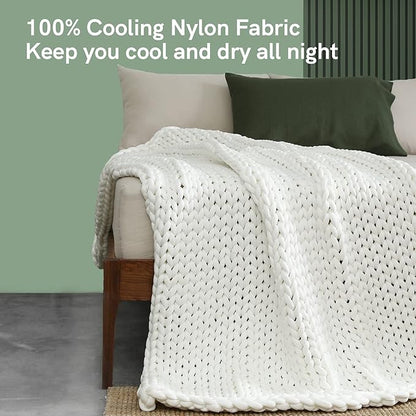 YnM Cooling Weighted Blanket, Handmade Chunky Yarn Knitted Design, Temperature Regulating and Breathable, Machine Washable Throw for Sleep or Home Decor (White, 60x80 Inch, 20lbs)