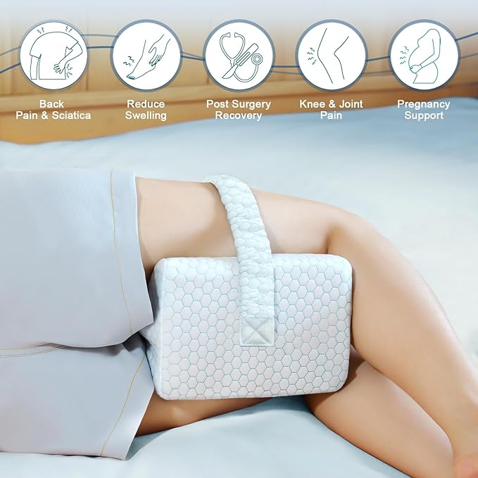 KingPavonini Cooling Knee Pillow for Side Sleepers, Gel Memory Foam Leg Pillows for Side Sleeping with Ice Silk Cover and Strap, Knee Pillow for Back Hip Pain, Spine Aligning, Sciatica, Pregnancy