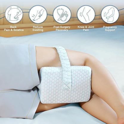 KingPavonini Cooling Knee Pillow for Side Sleepers, Gel Memory Foam Leg Pillows for Side Sleeping with Ice Silk Cover and Strap, Knee Pillow for Back Hip Pain, Spine Aligning, Sciatica, Pregnancy