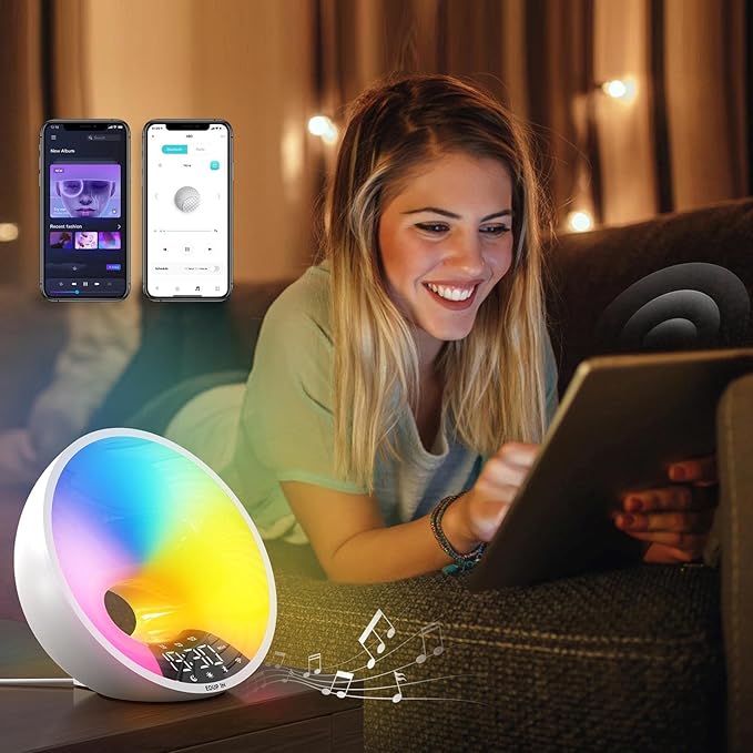 FTVOGUE Sunrise Alarm Clock Smart Wake Up Clock for Bedroom with 7 Colors Ambient Light Nature Sounds 4 Alarms and Snooze Mode (US Plug 100 to 240V)