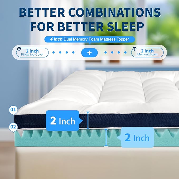 4 Inch Dual Layer Memory Foam Mattress Topper Twin XL Size - 2 Inch 1000GSM Soft Pillow Top Mattress Pad & 2 Inch 5-Zone Egg Crate Cooling Gel Memory Foam for Back Pain with 6-18"Deep Pocket(39"x80")