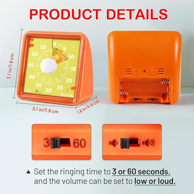 Secura 60-Minute Visual Countdown Timer for Kids & Adults, Classroom Time Management Tool (Orange & Orange)