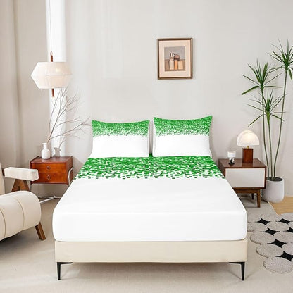 Pixelated Game Kids Full Size Fitted Sheet,Geometric Check Video Games Room Decor,Gamepad Grid Abstract Gaming Boys Girls Bed Sheets,Green White Bedding Set,2 Pillowcases(No Flat)