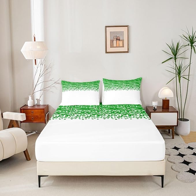 Pixelated Game Boys Girls Bed Sheets,Geometric Check Video Games Room Decor,Gamepad Grid Abstract Gaming Kids Twin Size Fitted Sheet,Green White Bedding Set,1 Pillowcase(No Flat)