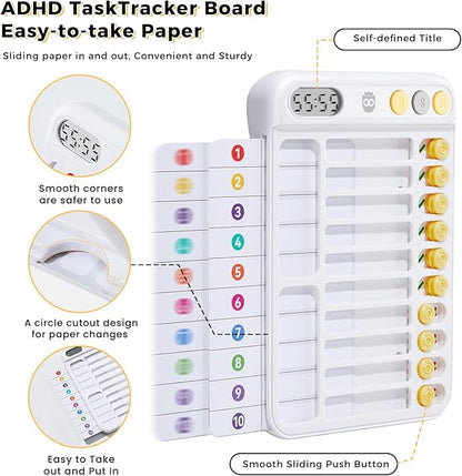 Chore Chart for Kids with Timer, ADHD Tools, Bedtime/Morning/Daily Routine Chart with 99-Min Countup/Down, Magnetic for Kids Checklist Schedule Board with Slider - White