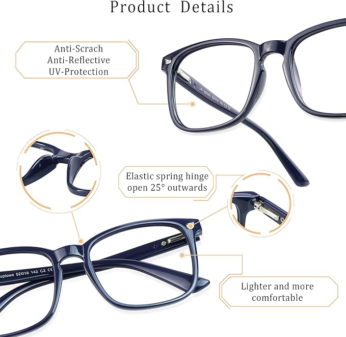 2 Pairs LifeArt Blue Light Blocking Glasses with Spring Hinge, Anti Eyestrain, Computer Reading Glasses, Gaming Glasses, TV Glasses for Women Men, Anti UV, Anti Glare (Navy&Clear, +3.00 Magnification)