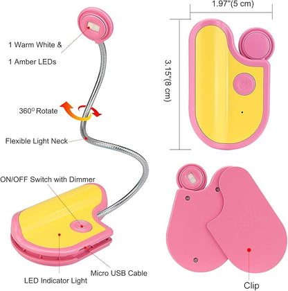 Amber Reading Light Rechargeable, Book Light Kids for Reading in Bed, Clip On Reading Book Light, 2 Lighting Modes, Blue Light Blocking for Eye-Care, Small Bookmark Light for Bookworm-Pink