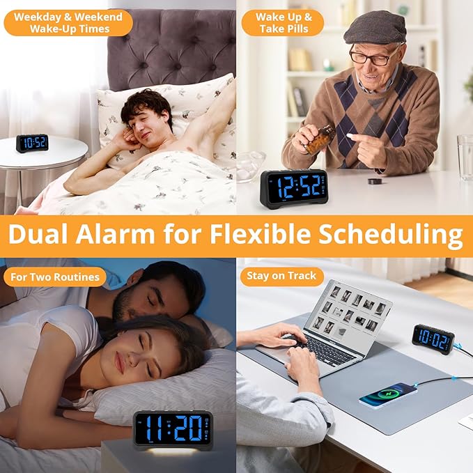 Loud Alarm Clock for Heavy Sleepers Adults, Vibrating Alarm Clock for Teens/Deaf, 7.5" Bright Clear Digital Screen, Adjustable Brightness with Night Light, 3 Levels Bed Shaker Under Pillow, Dual Alarm